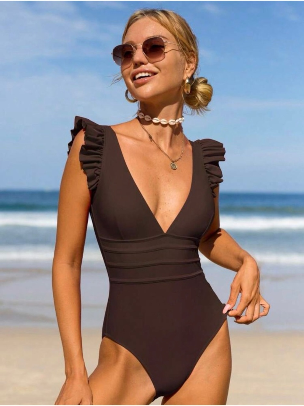 Ruffled Shoulder One-Piece Swimsuit - Chocolate Brown